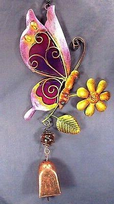 Butterfly w/purple wings glass & metal bell chime sun catche