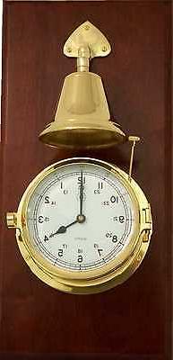 Lacquered Brass Porthole Quartz Striking Bell Clock on Mahog